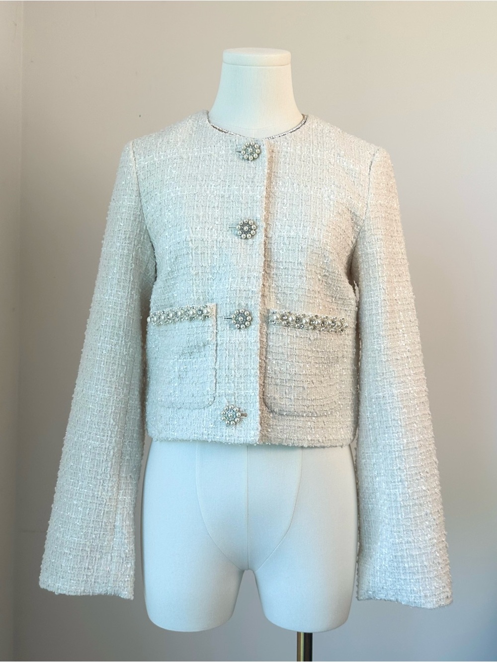 H&M Pearl-Button Cream Tweed Cropped Jacket NWT